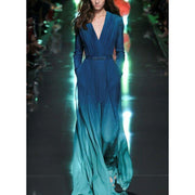long sleeve v-neck gradient green dress with belt, view 5 - MRSLM