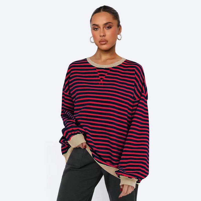 women's patchwork striped loose sweatshirt, view 8 - MRSLM