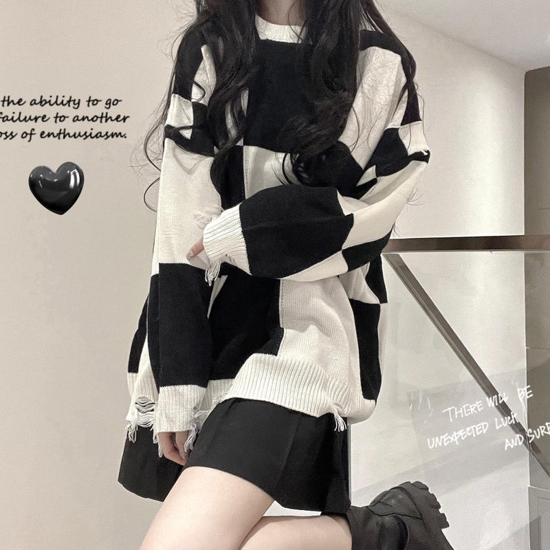 ripped plaid knit sweater, view 6 - MRSLM