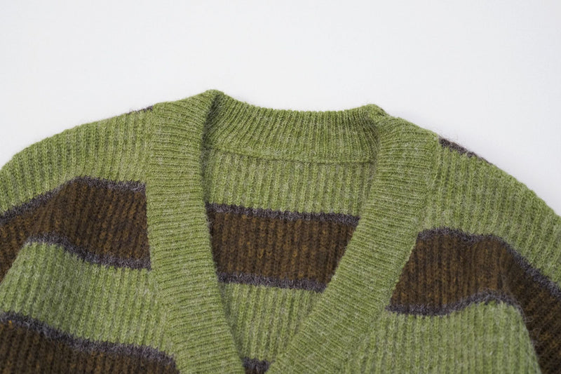 Women's green striped knit cardigan, view 7 - MRSLM