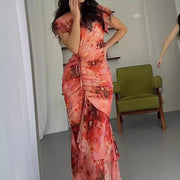 V-neck pleated print dress, view 2 - MRSLM