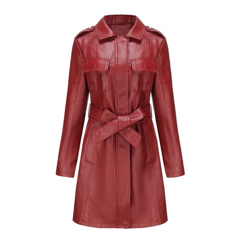 women's mid-length faux leather coat with belt, view 7 - MRSLM