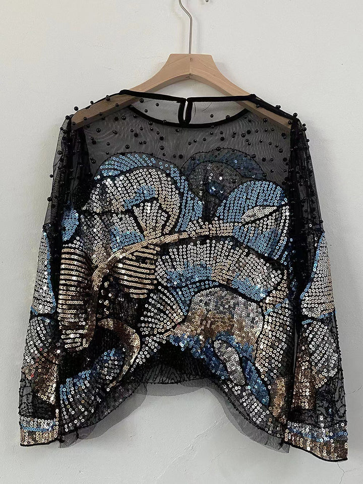 Light Luxury Beaded French Fashion Versatile Handmade Sequin Top