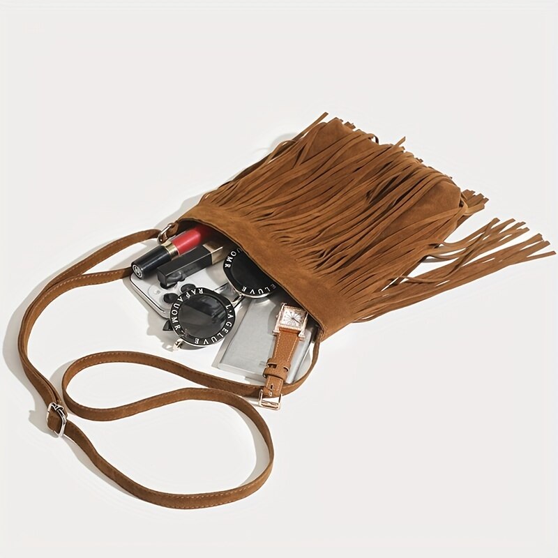 vintage faux suede fringe crossbody bag, view 4 - MRSLM