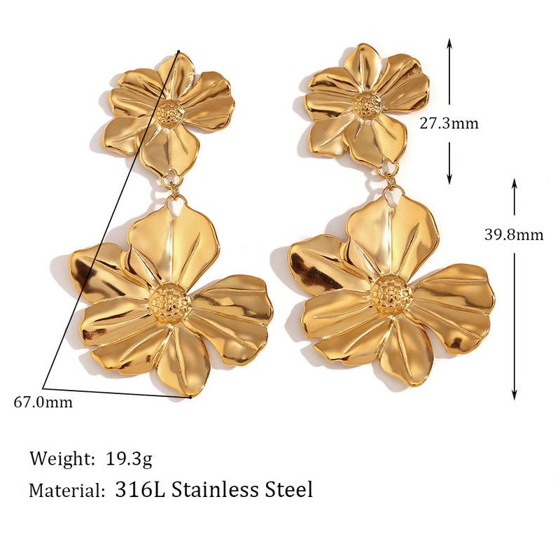 gold plated two flower drop earrings, view 2 - MRSLM