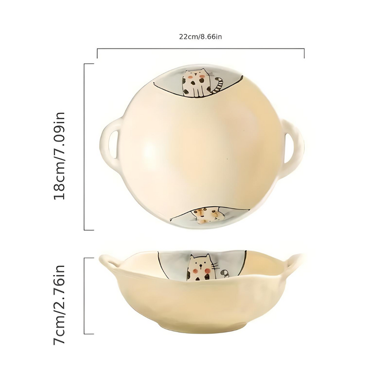 Cat design ceramic soup bowl with handle, view 4 - MRSLM