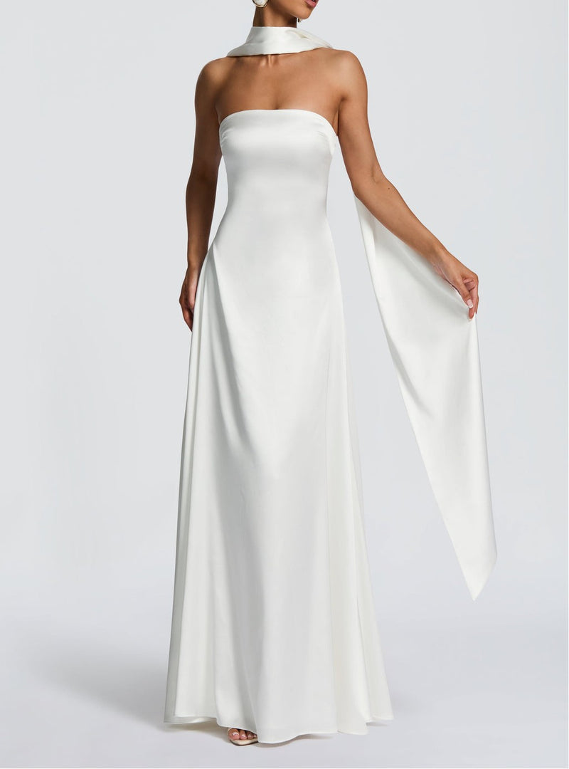 strapless satin maxi dress, view 2 - MRSLM