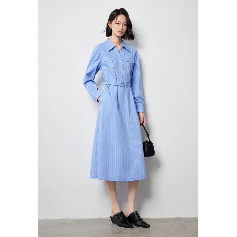 blue striped a-line shirt dress, view 5 - MRSLM
