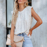 sequined sleeveless padded shoulder vest top, view 5 - MRSLM