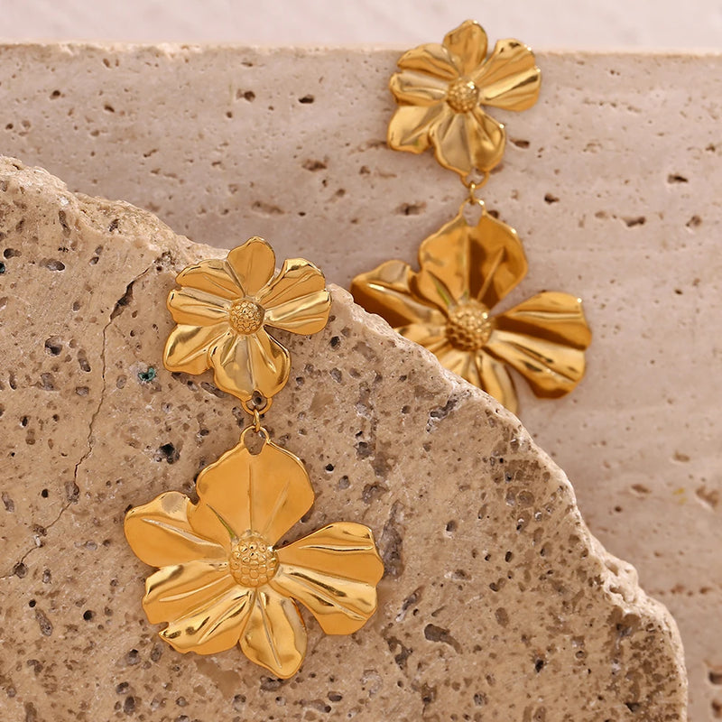 gold plated two flower drop earrings, view 8 - MRSLM