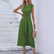 solid color waist tied dress for women, view 4 - MRSLM