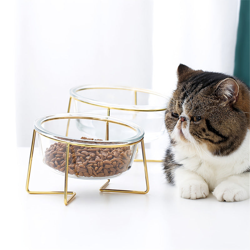 glass cat and dog bowl with gold stand, view 3 - MRSLM