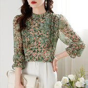 women's printed chiffon ruffle collar blouse - MRSLM