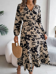 flower print ruffled long sleeve chiffon dress, view 6 - MRSLM