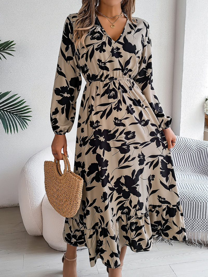 flower print ruffled long sleeve chiffon dress, view 6 - MRSLM