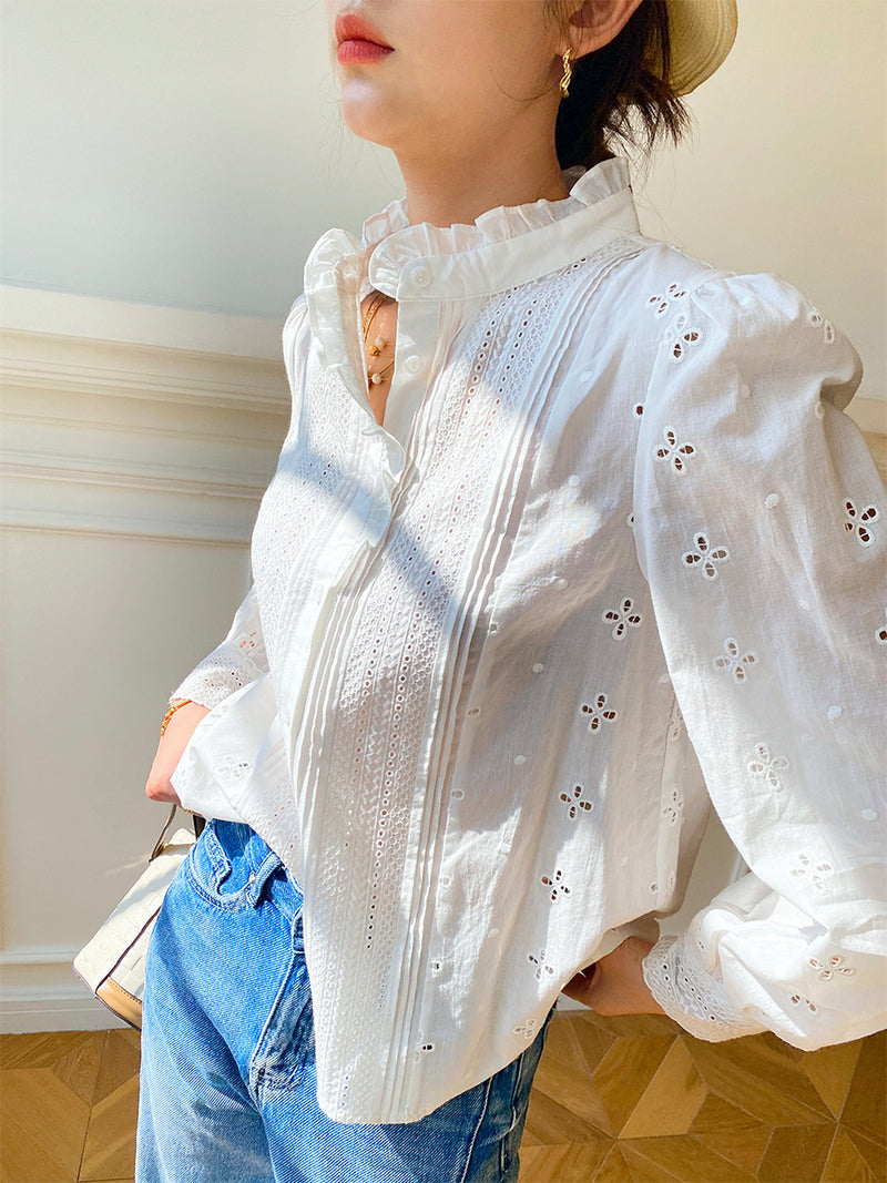 women's french puff sleeve embroidered cotton shirt, view 8 - MRSLM