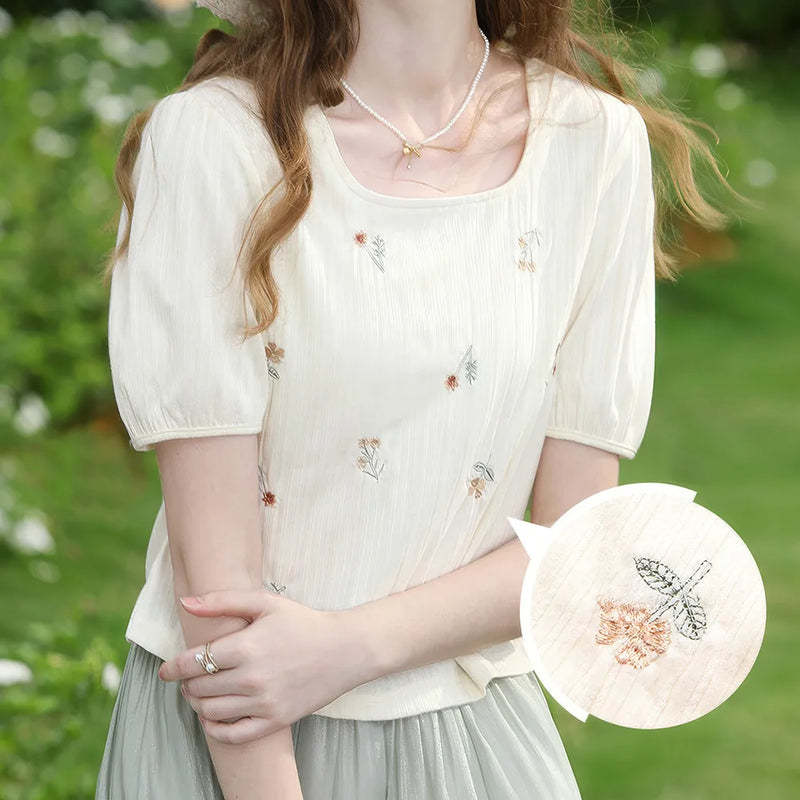 square neck embroidery puff t-shirt, view 6 - MRSLM