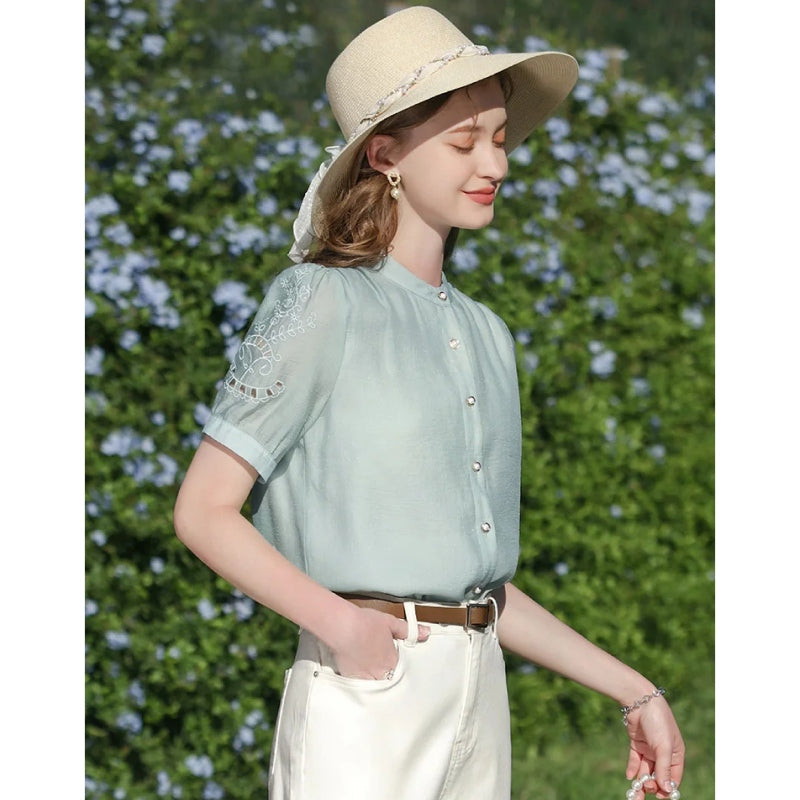 french puff sleeve blouse for women, view 6 - MRSLM