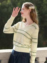 apricot v-neck hollow knit sweater, view 3 - MRSLM