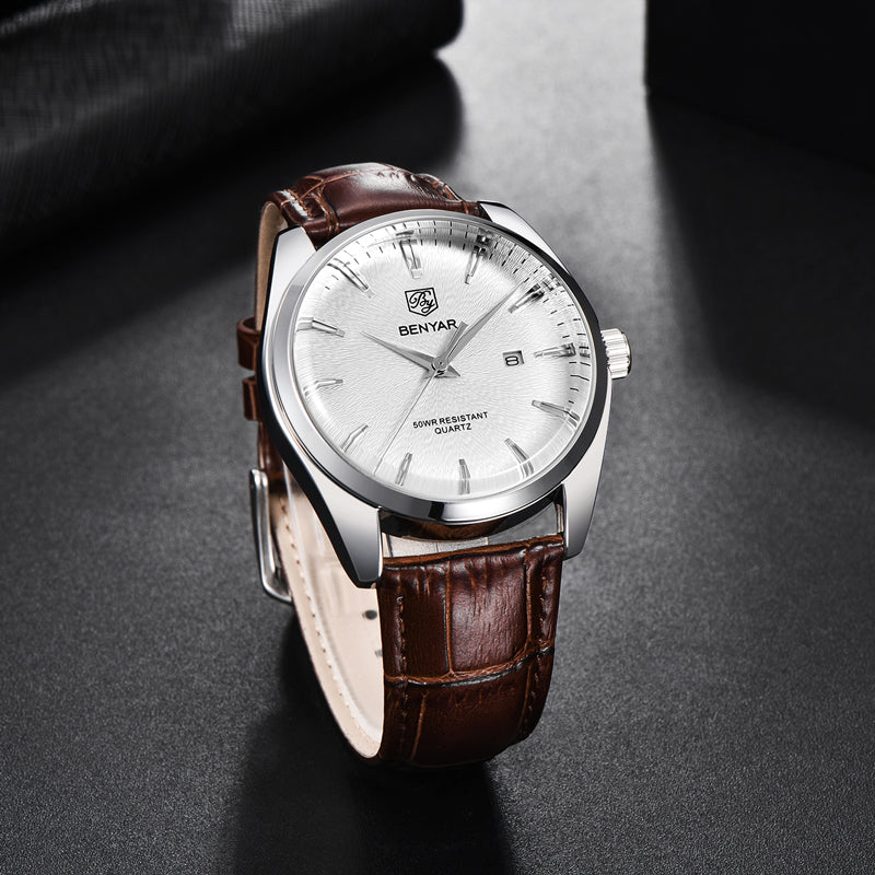 men's leather band quartz watch, view 7 - MRSLM