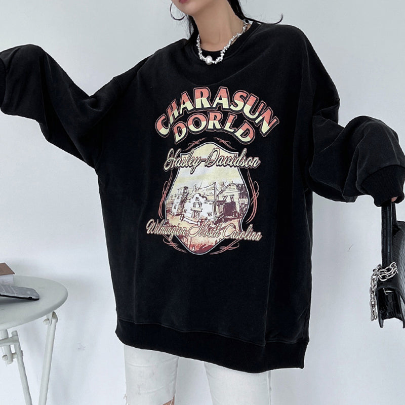 women's retro washed round neck sweater, view 2 - MRSLM