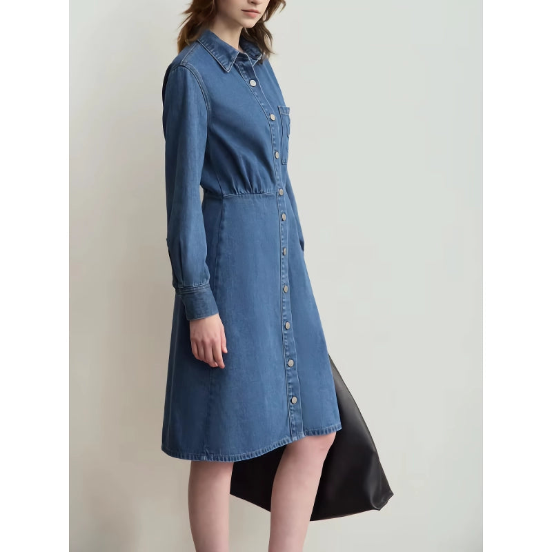 denim shirt dress with lapel collar, view 4 - MRSLM