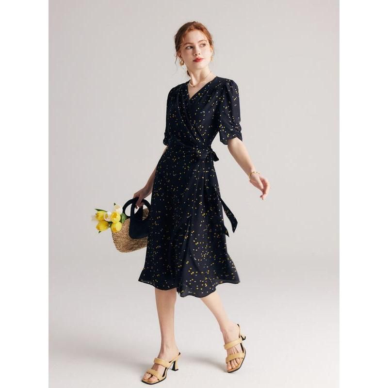 black polka dot silk dress, view 7 - MRSLM