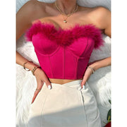 furry trim corset tube top, view 2 - MRSLM
