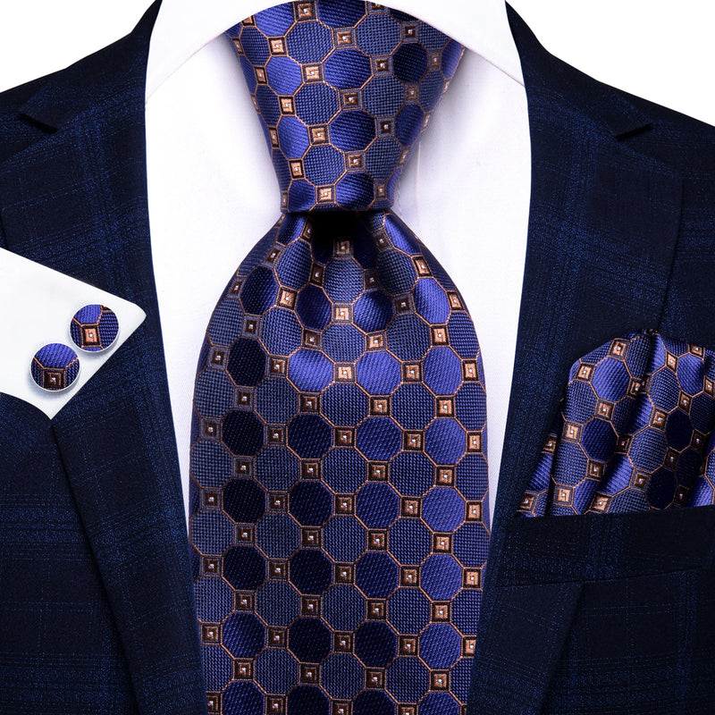 navy blue and gold plaid silk necktie set, view 2 - MRSLM