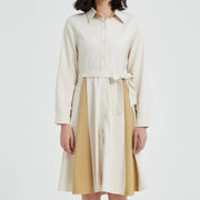 beige a-line long sleeve dress with belt - MRSLM