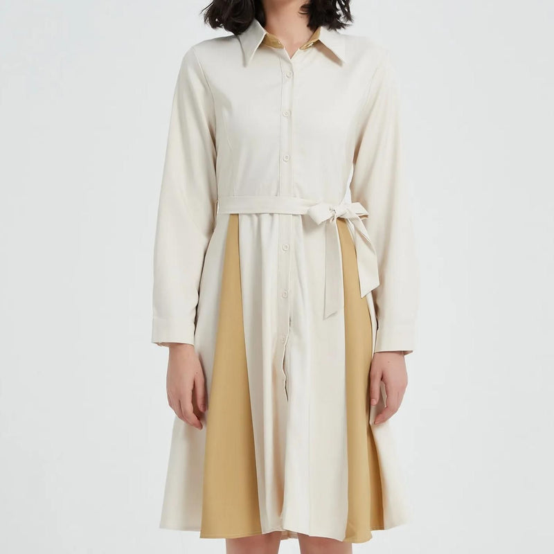 beige a-line long sleeve dress with belt - MRSLM