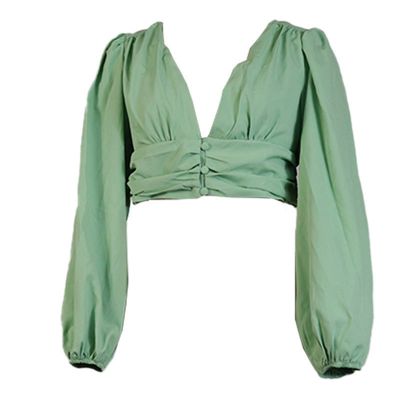 women's long sleeve deep v cropped top, view 2 - MRSLM