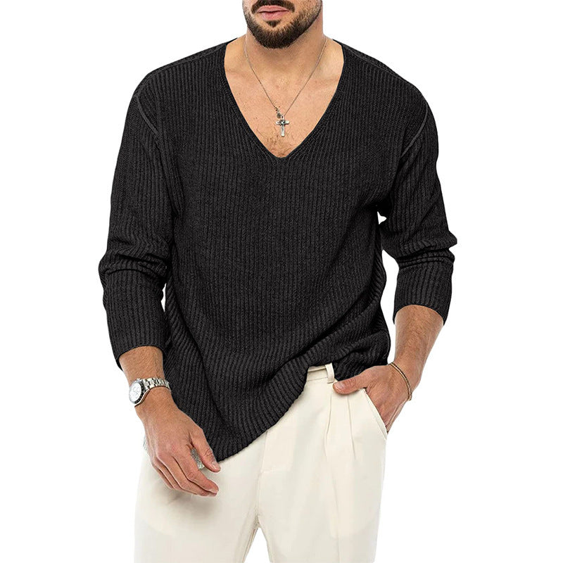 V-neck Sweater Men's Solid Color Long Sleeve Fashionable Knitted Sweater