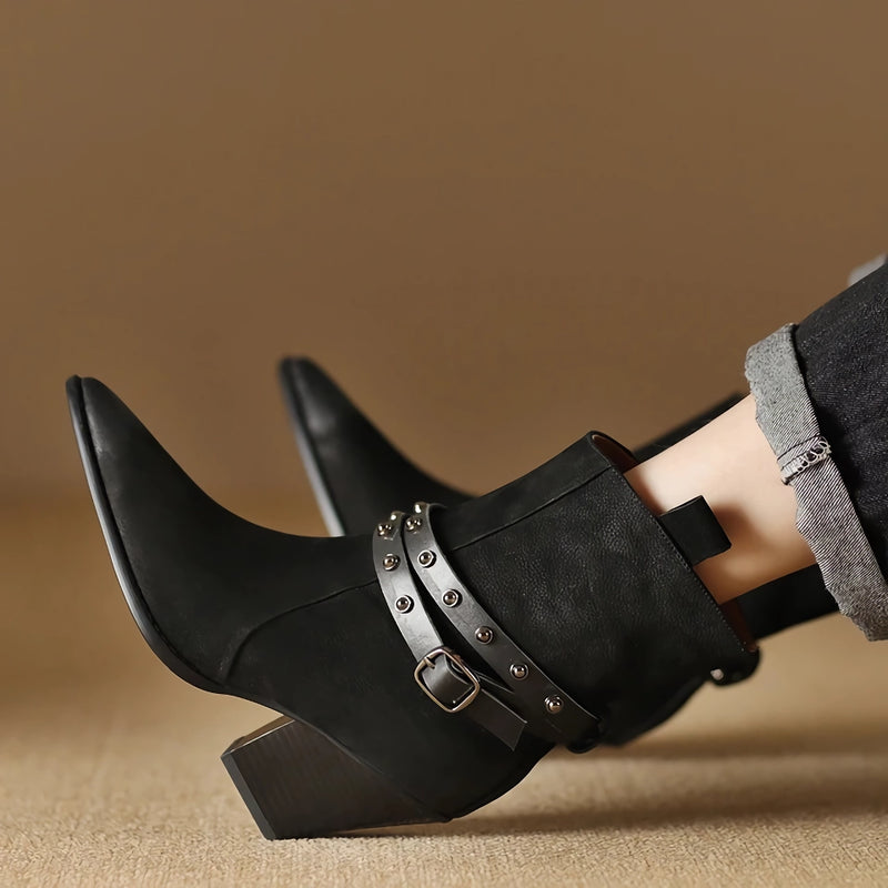 pointed toe chunky heel leather boots for women, view 7 - MRSLM