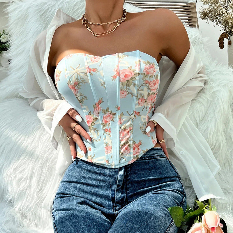 floral strapless corset tank top, view 3 - MRSLM
