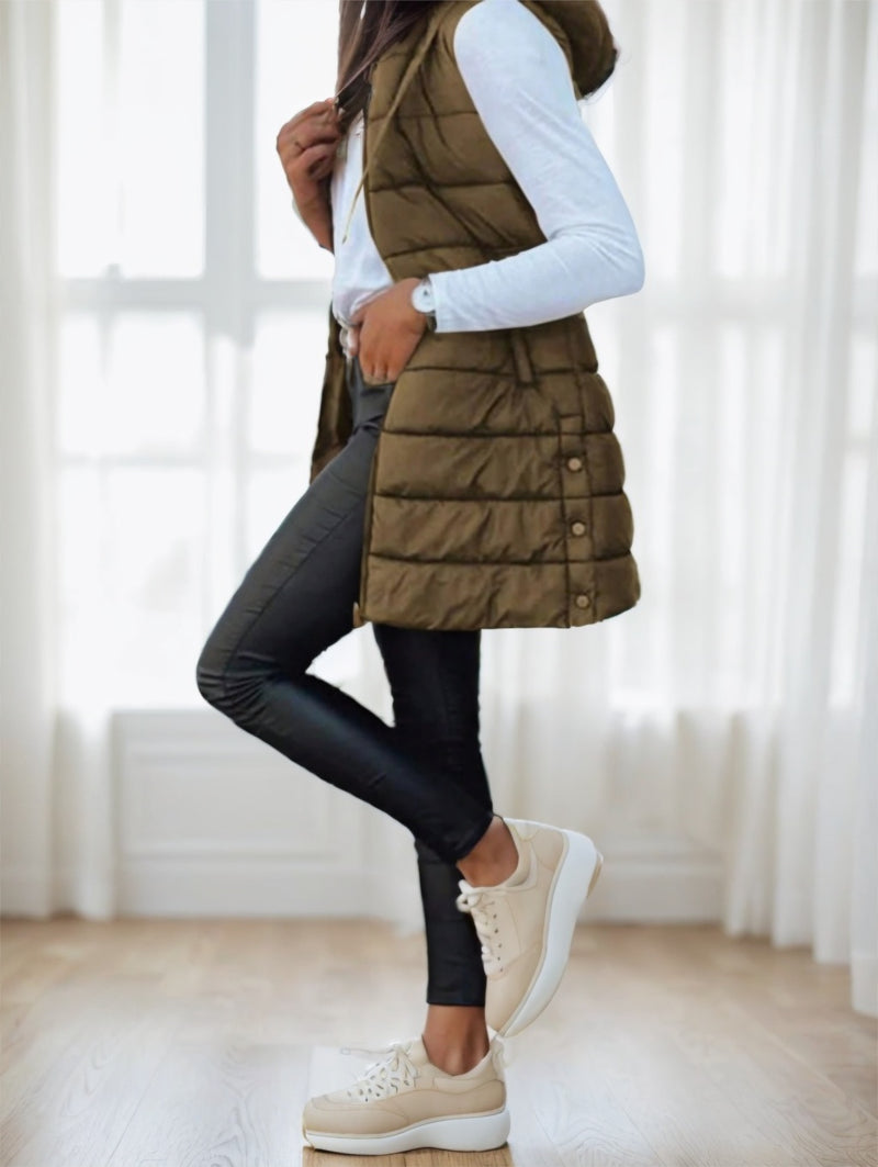 Women's long hooded puffer vest, view 6 - MRSLM