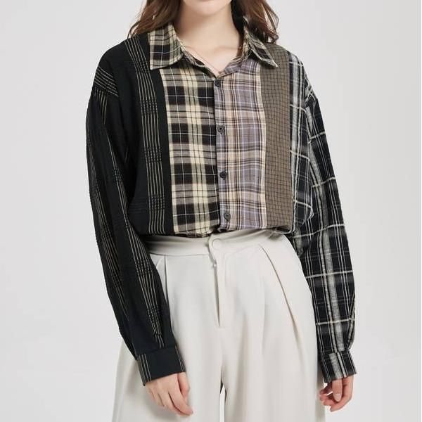 plaid patchwork button-up shirt, view 4 - MRSLM