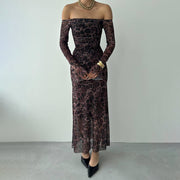 Leopard print off-shoulder bell sleeve dress, view 2 - MRSLM