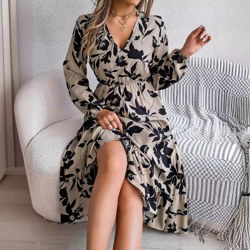 flower print ruffled long sleeve chiffon dress, view 2 - MRSLM