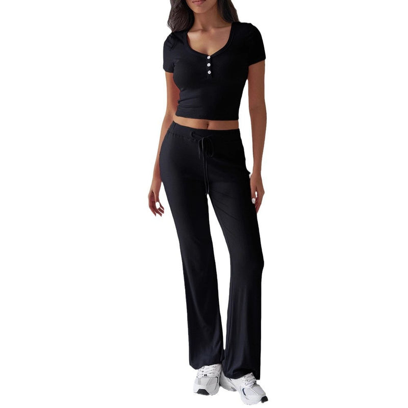 Women's solid color crew neck casual set, view 5 - MRSLM
