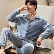 Men's flannel lounge robe cardigan set, view 15 - MRSLM