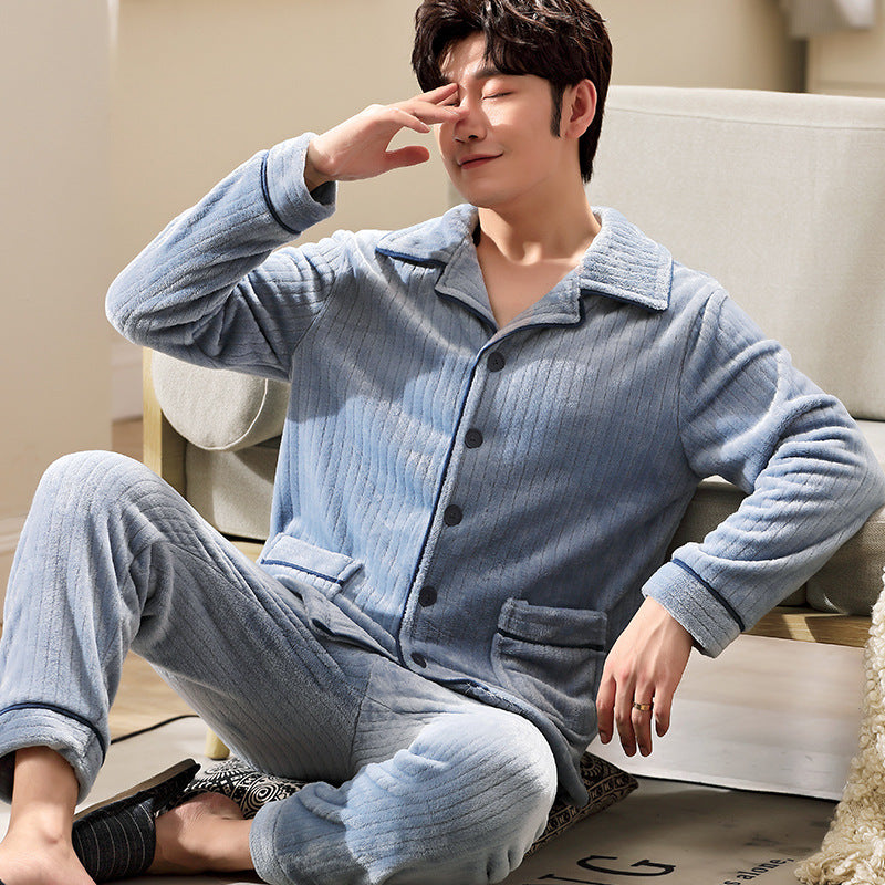 Men's flannel lounge robe cardigan set, view 15 - MRSLM