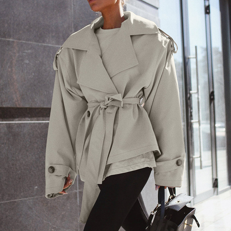 loose long sleeve trench coat in light khaki, view 3 - MRSLM