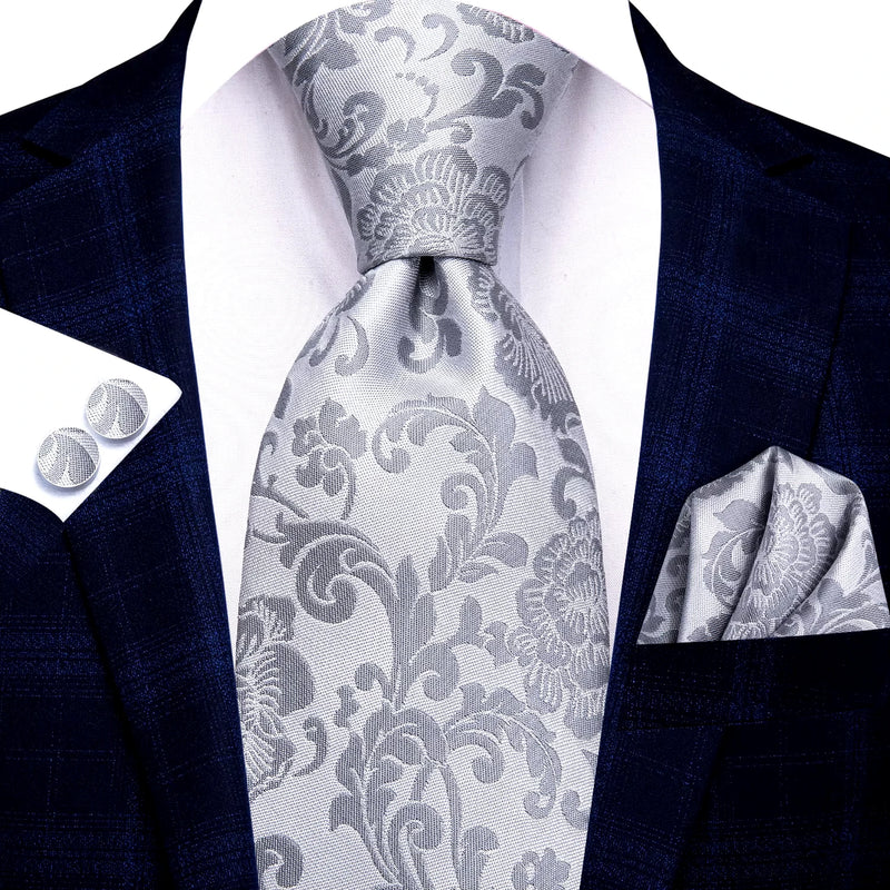 silver grey floral silk necktie set for men - MRSLM