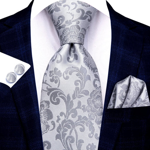 silver grey floral silk necktie set for men - MRSLM