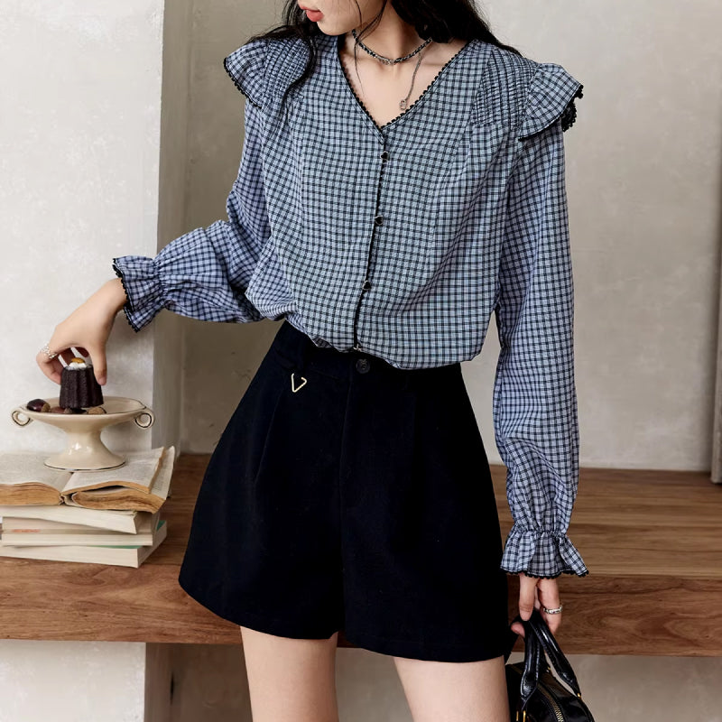plaid ruffle sleeve v-neck blouse, view 4 - MRSLM