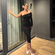 one-shoulder pleated long sleeve dress, view 6 - MRSLM