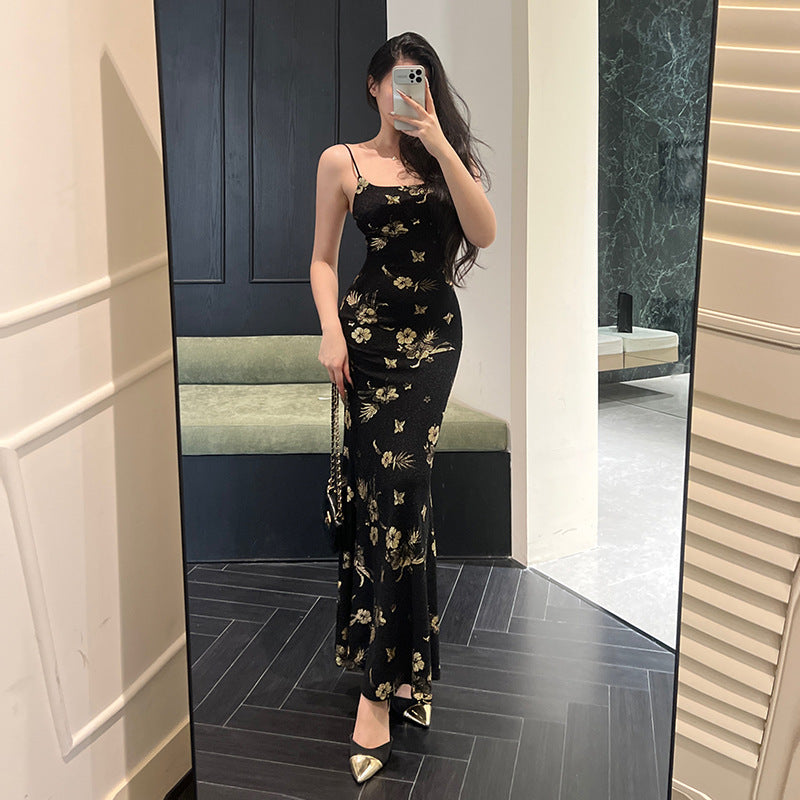backless sling dress black gold floral, view 4 - MRSLM