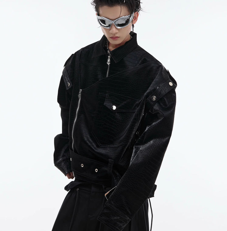 padded shoulder pu leather coat, view 2 - MRSLM