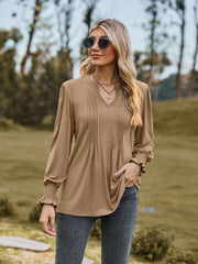 women's puff sleeve smocked v-neck top, view 5 - MRSLM
